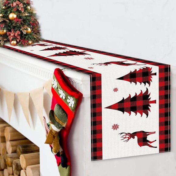 72'' Red Black Buffalo Plaid Christmas Deer Trees Snowflakes Table Runner - Picture 8 of 8